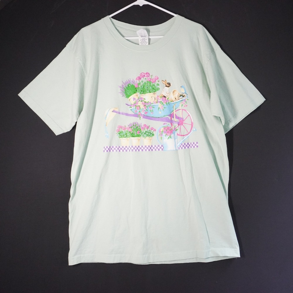 VTG Atlas Sportswear XL Green Bunny Floral Wheelbarrow Garden Granny 90s TShirt